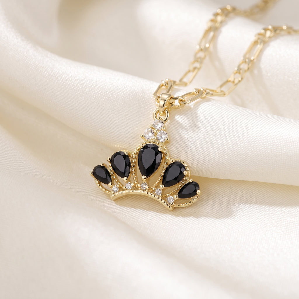 Regal Black Pear-Cut Zircon Crown Pendant Necklace