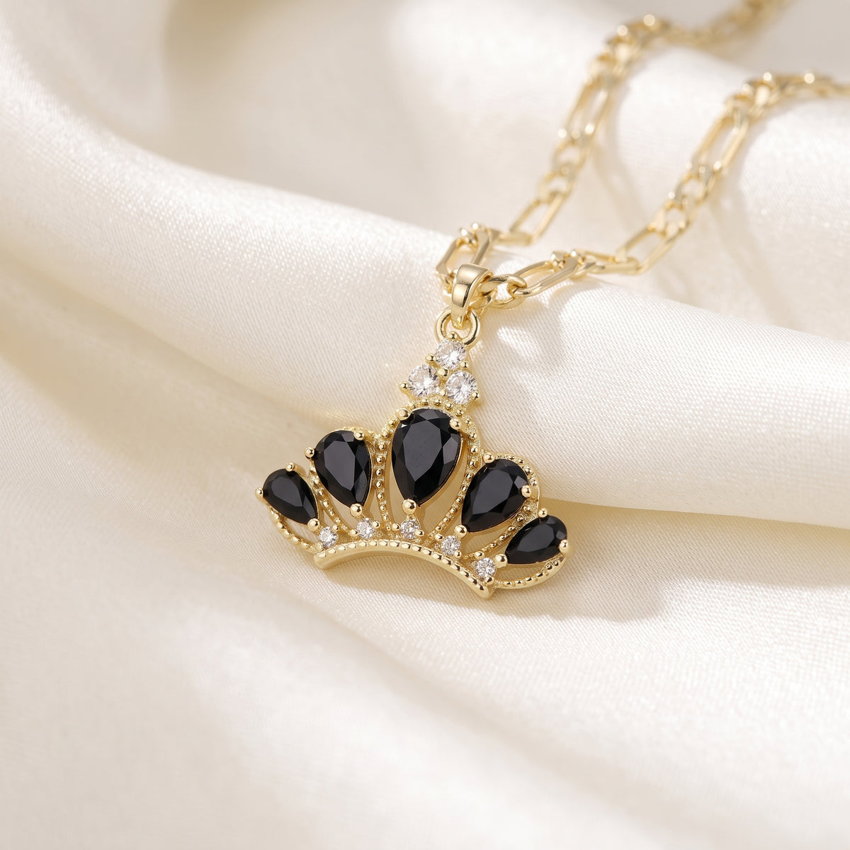 Regal Black Pear-Cut Zircon Crown Pendant Necklace
