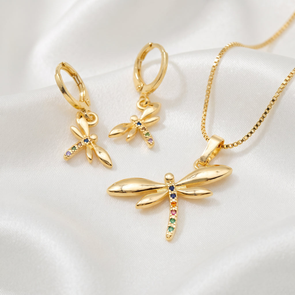 Rainbow Zircon Dragonfly Pendant Necklace & Matching Earrings Set