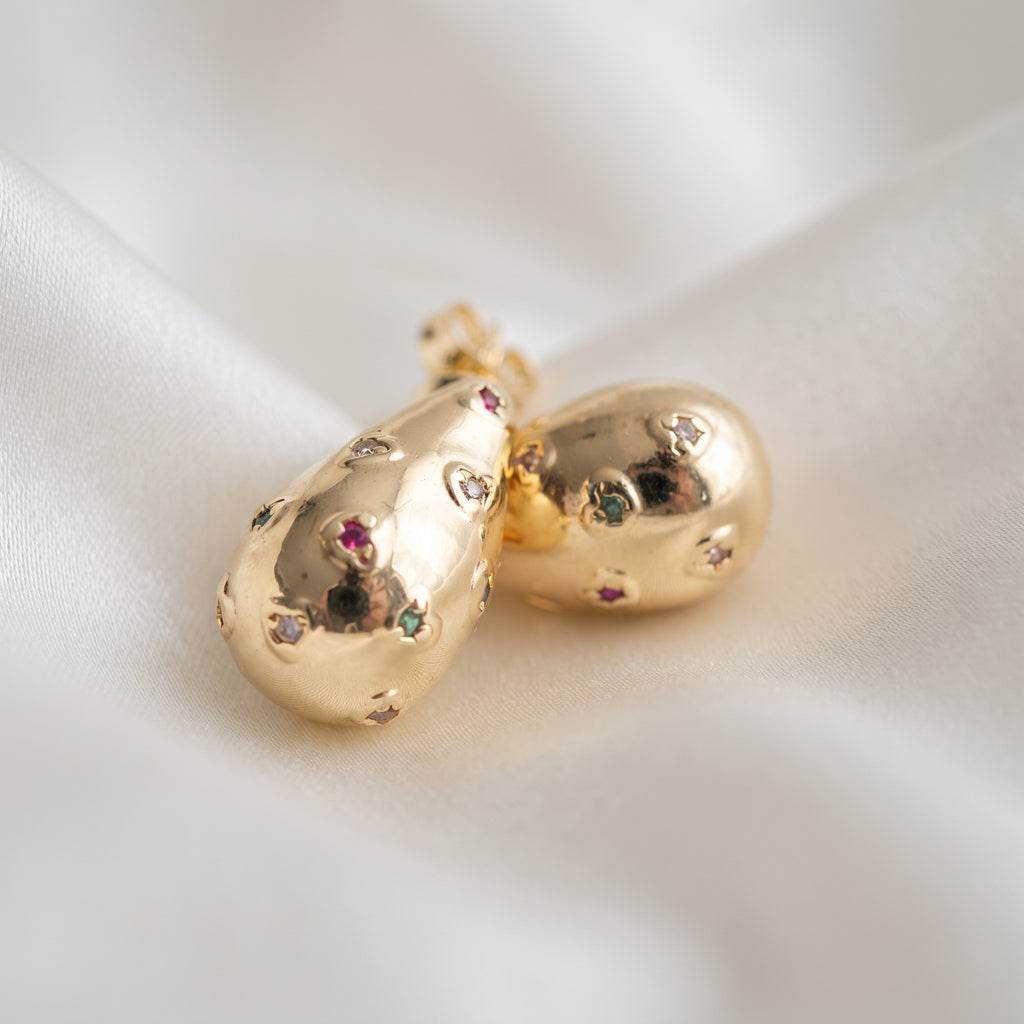 Multi-Color Gemstone Inlaid Puffed Teardrop Earrings – 18K Gold Plated Artistic Jewellery