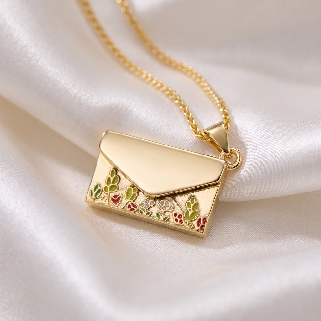 Floral Enamel Envelope Locket Pendant Necklace – 18K Gold Plated Secret Message