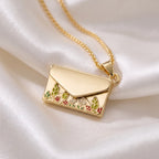 Floral Enamel Envelope Locket Pendant Necklace – 18K Gold Plated Secret Message