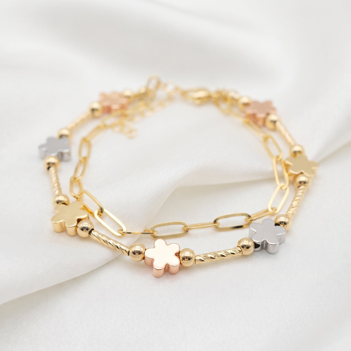 Tri-Color Zircon Layered Flower Chain Bracelet