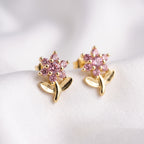 Dainty Pink Zircon Flower Stem Stud Earrings – 18K Gold Plated Botanical Ear Jewellery
