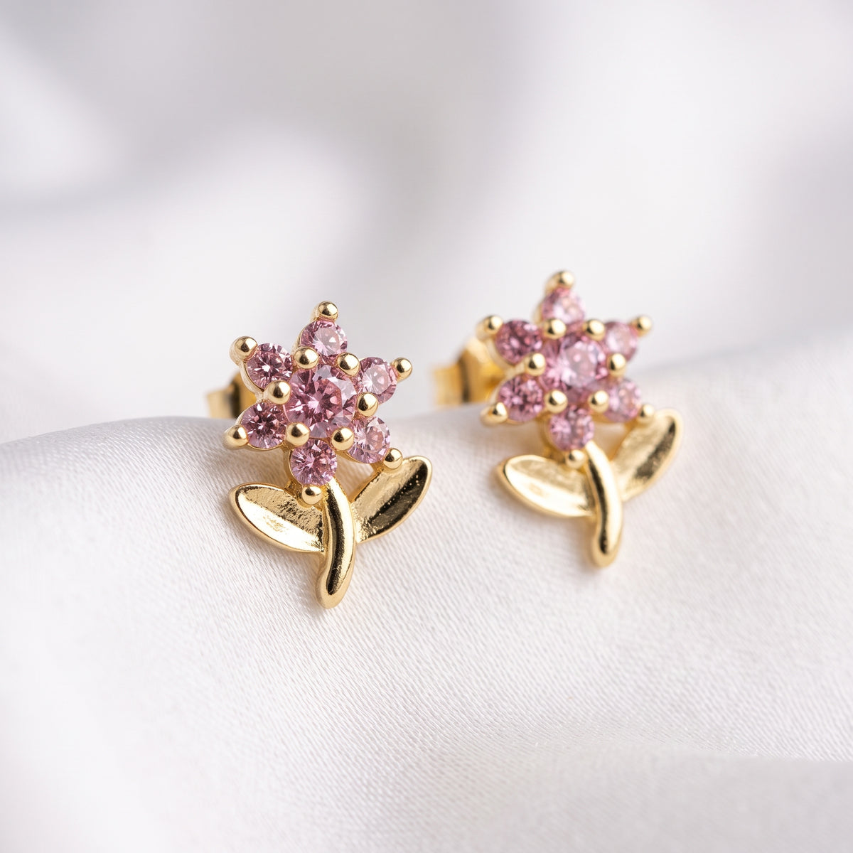 Dainty Pink Zircon Flower Stem Stud Earrings – 18K Gold Plated Botanical Ear Jewellery