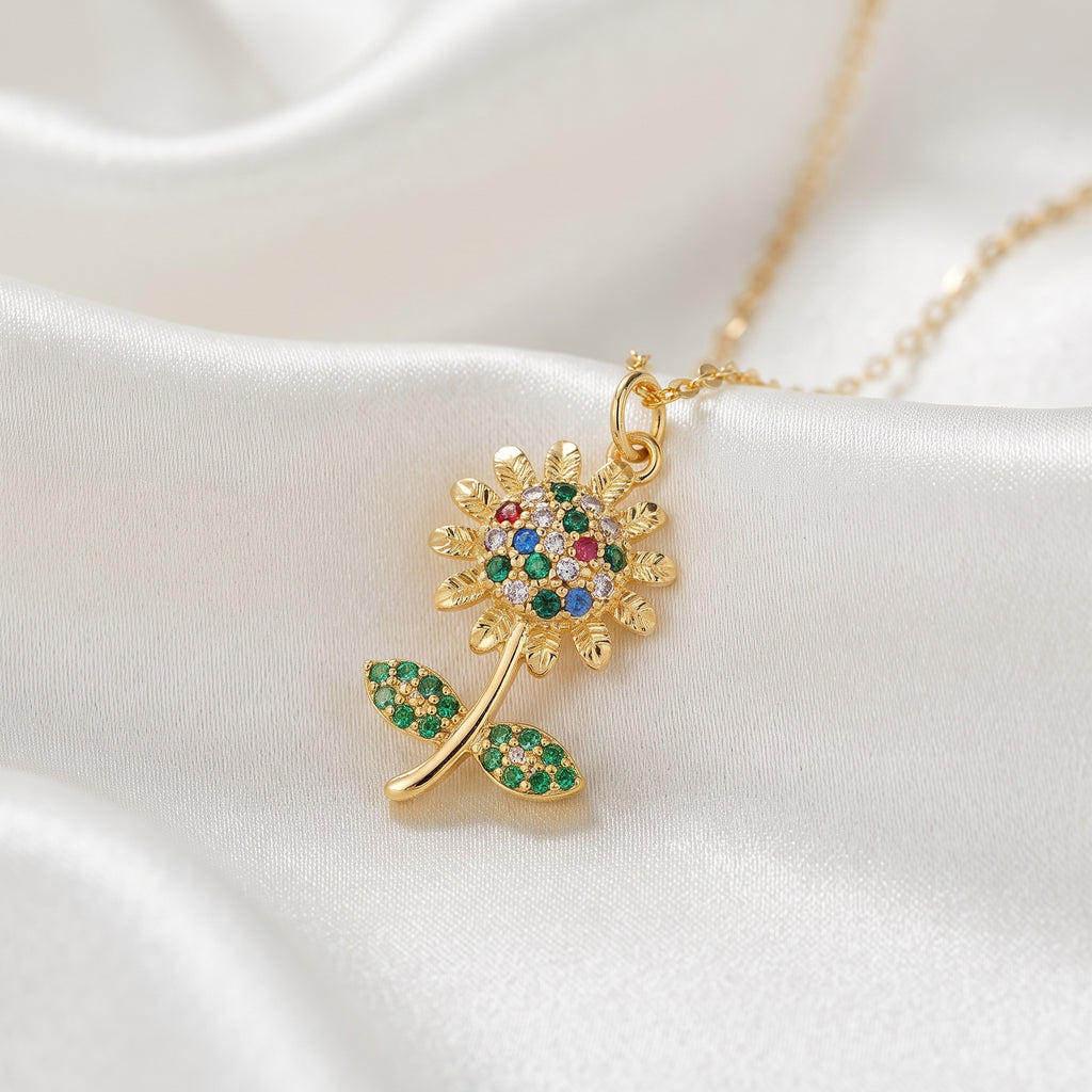 Vibrant Multi-Color Crystal Flower Pendant Necklace – 18K Gold Plated 3A Premium Zircon Link Chain