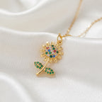 Vibrant Multi-Color Crystal Flower Pendant Necklace – 18K Gold Plated 3A Premium Zircon Link Chain