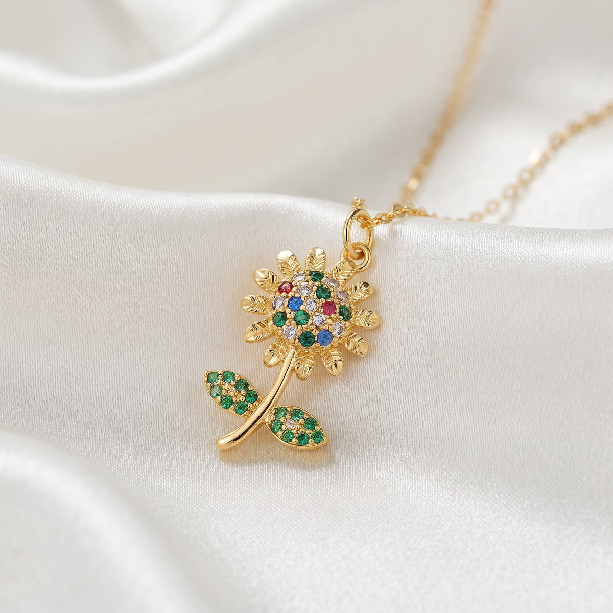 Vibrant Multi-Color Crystal Flower Pendant Necklace – 18K Gold Plated 3A Premium Zircon Link Chain