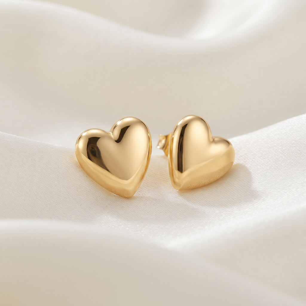 Classic Puffed Heart Minimalist Stud Earrings – 18K Gold Plated Everyday Wear