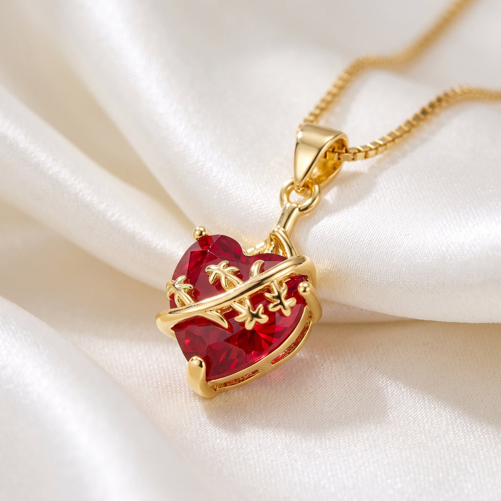 Enchanting Stitched Red Heart Pendant Necklace – 18K Gold Plated 3A Premium Zircon Box Chain