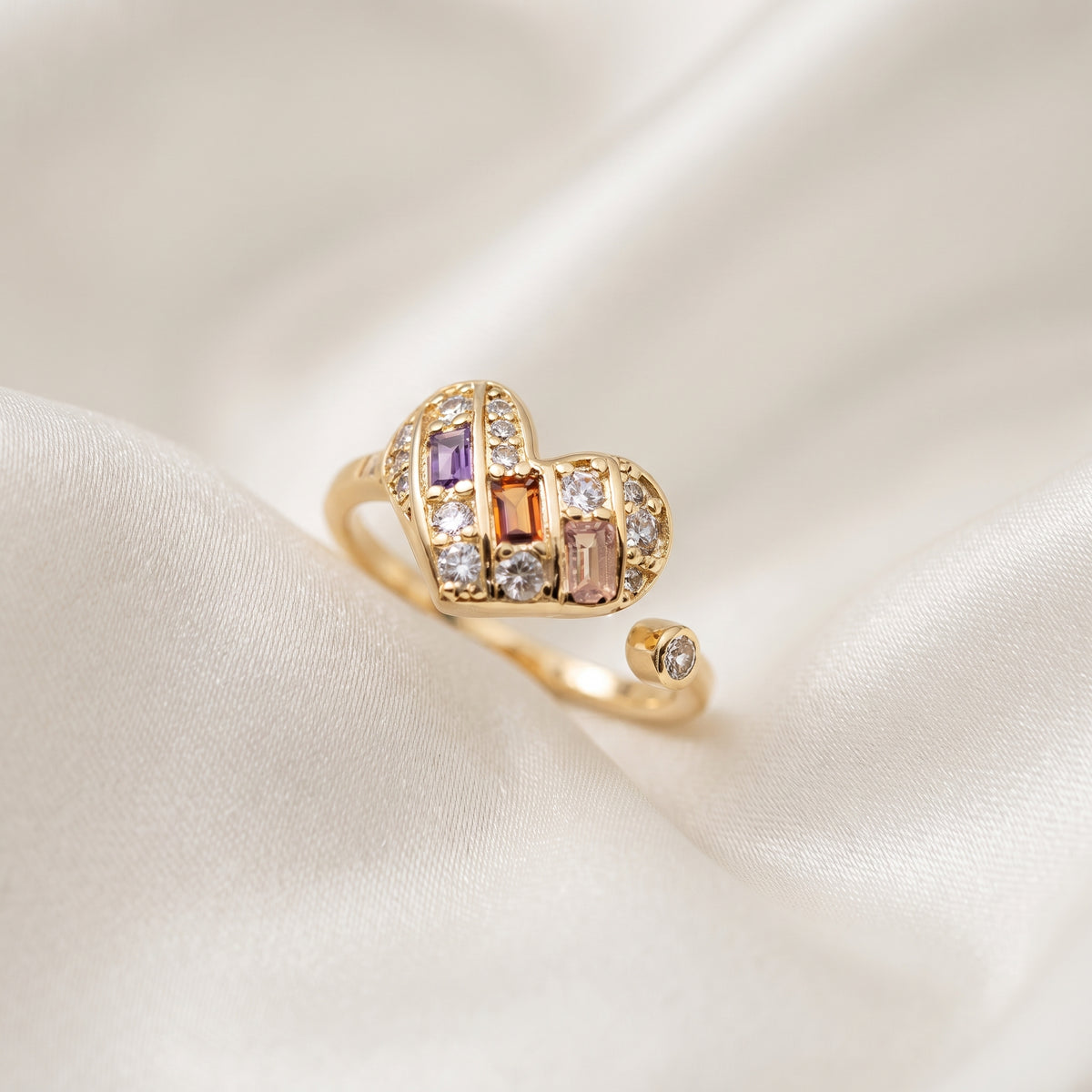 Colorful Baguette & Round Zircon Heart Open Ring –Adjustable