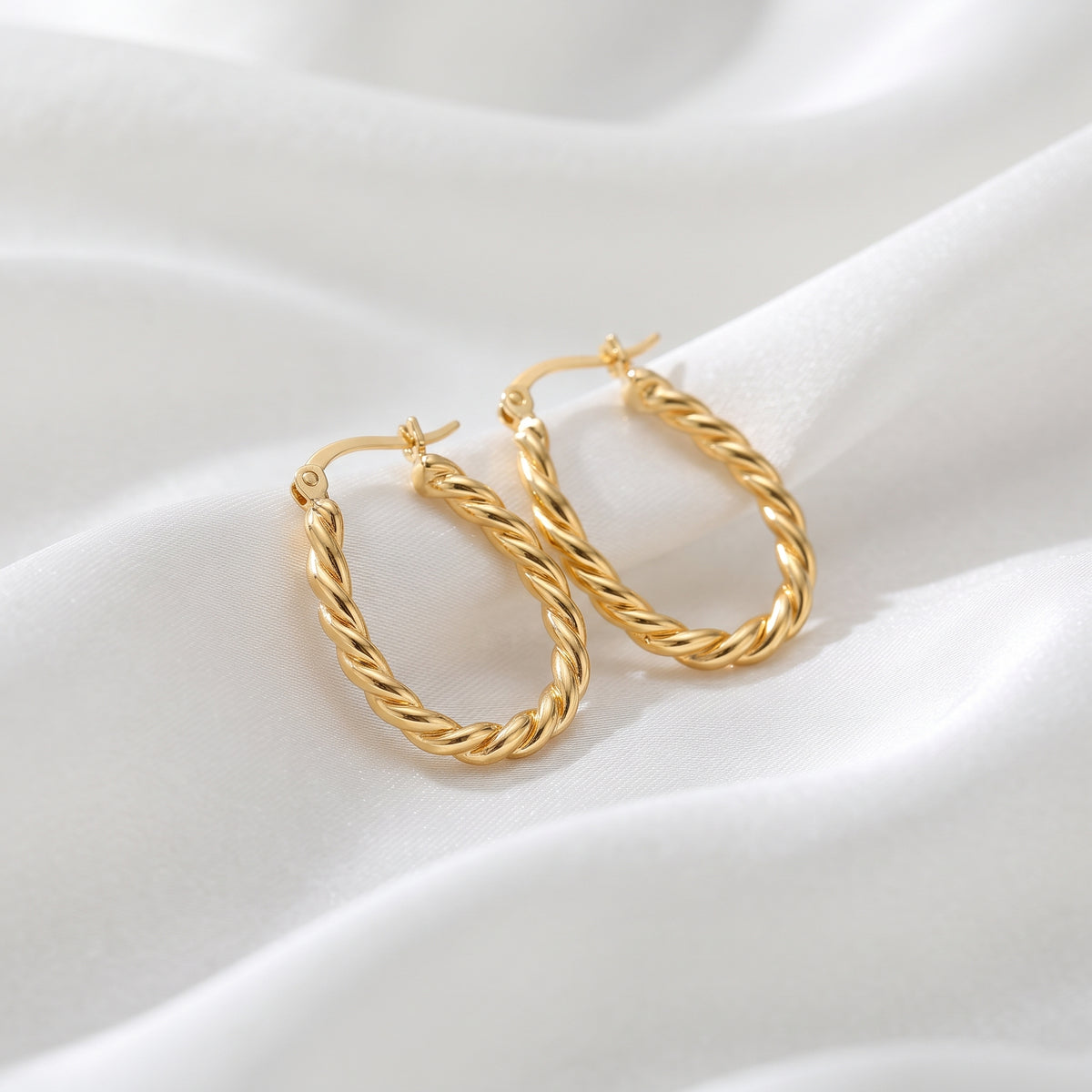 Elegant Twisted Oval Hoop Earrings – 18K Gold Plated Textured Teardrop Jewellery