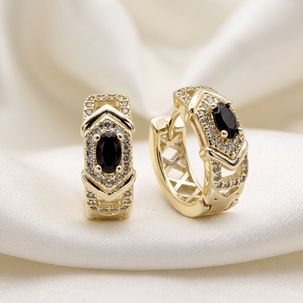 Gold-Plated Black Stone Crystal Huggie Earrings – Geometric Statement Hoops