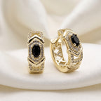 Gold-Plated Black Stone Crystal Huggie Earrings – Geometric Statement Hoops