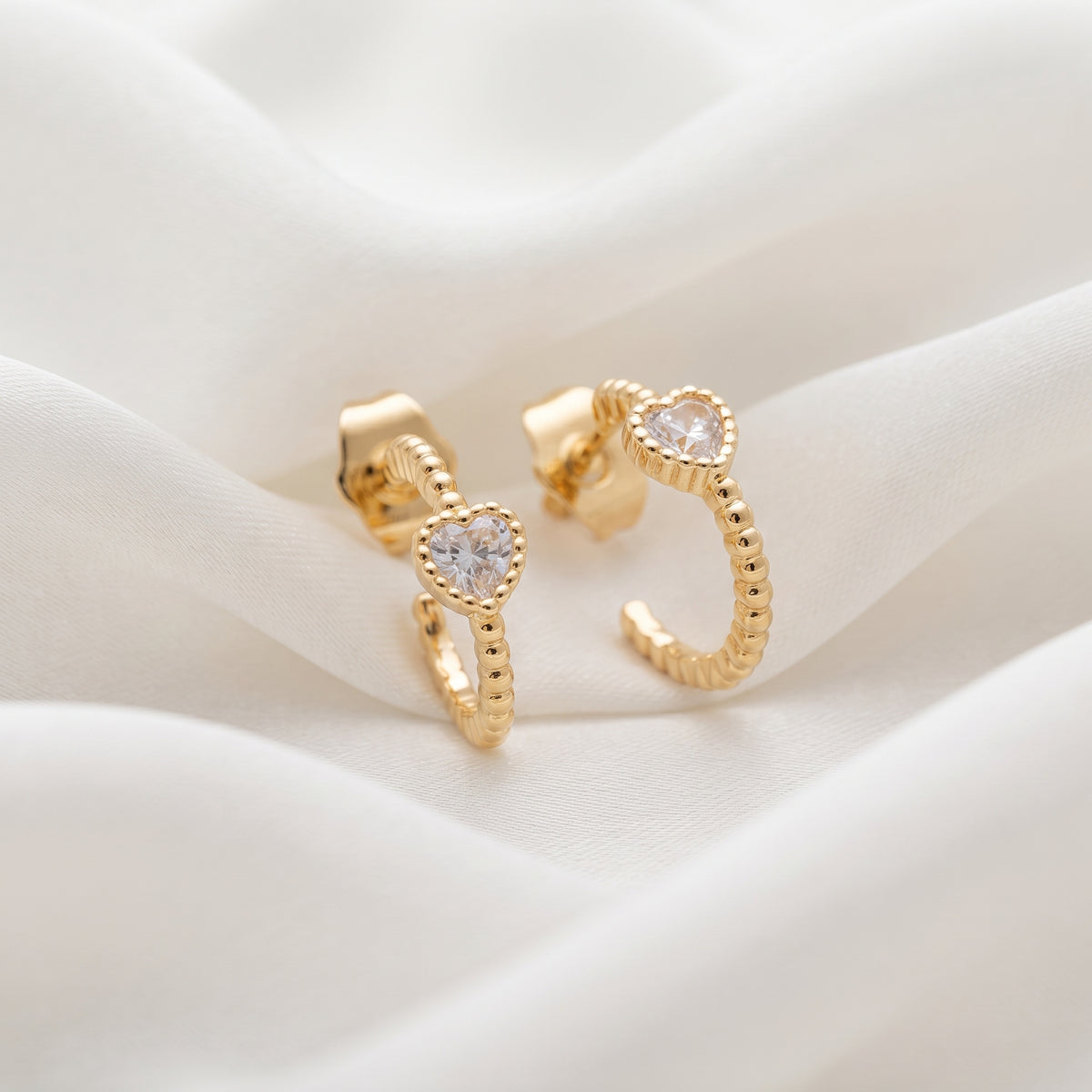 Beaded Heart Huggie Hoop Earrings – 18K Gold Plated Zircon Statement Jewellery