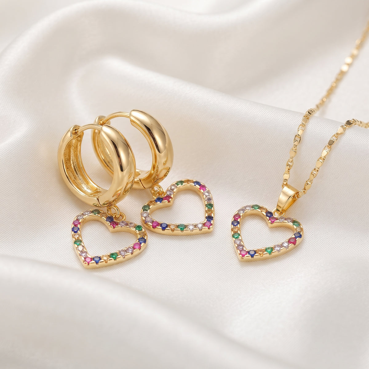 Gold-Plated Multi-Color Zircon Heart Huggie Earrings and Pendant Necklace Set