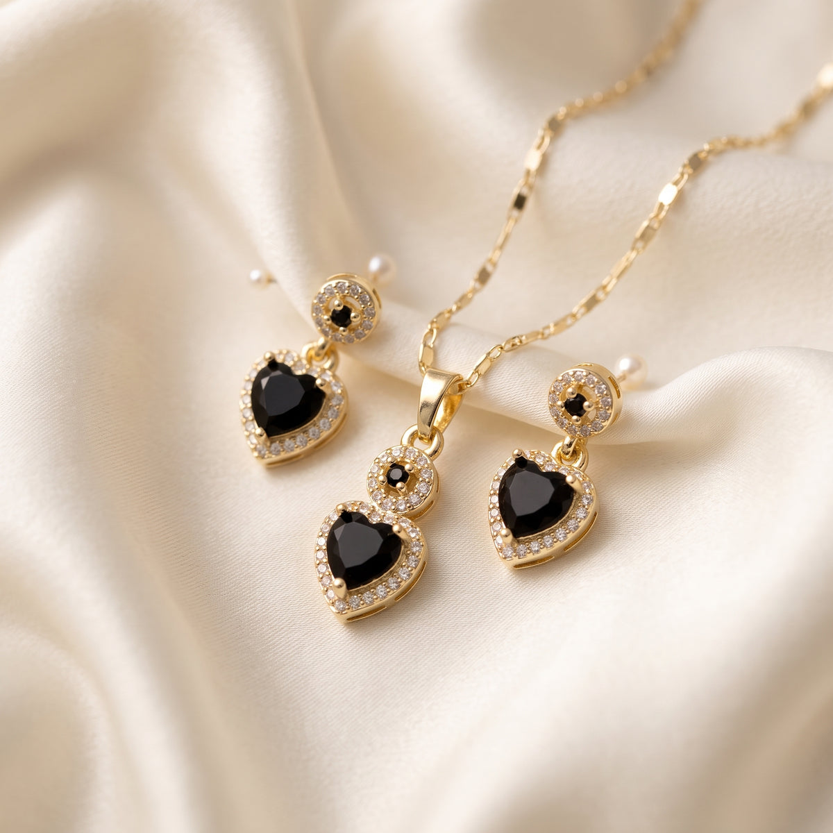 Gold-Plated Black Zircon Heart Pendant Necklace and Earring Set