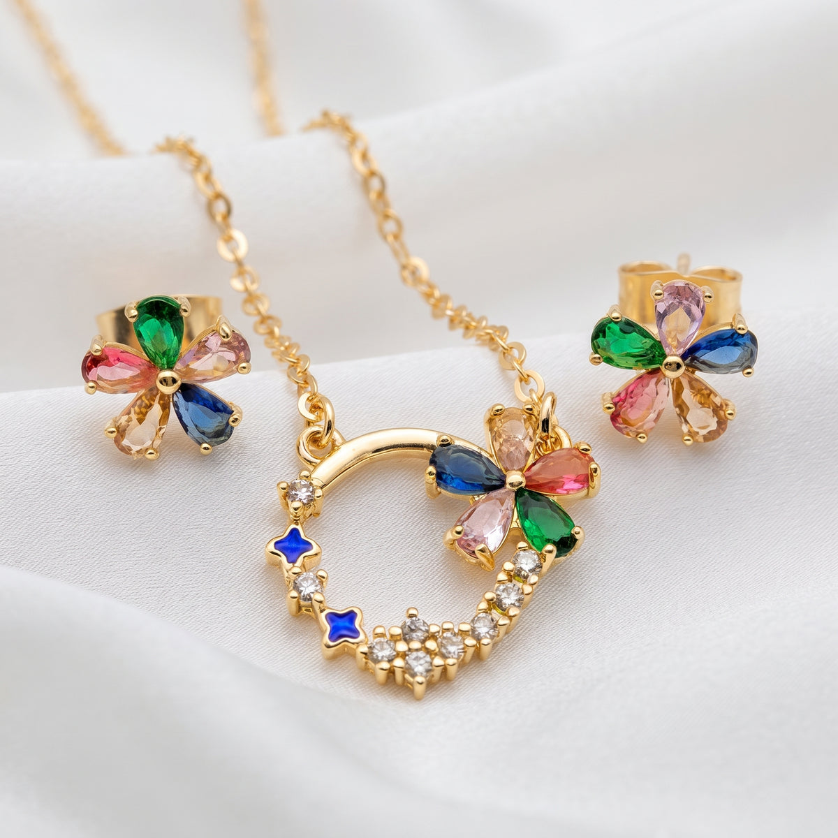 Blooming Floral Crystal Necklace & Earring Set 18K Gold Plated