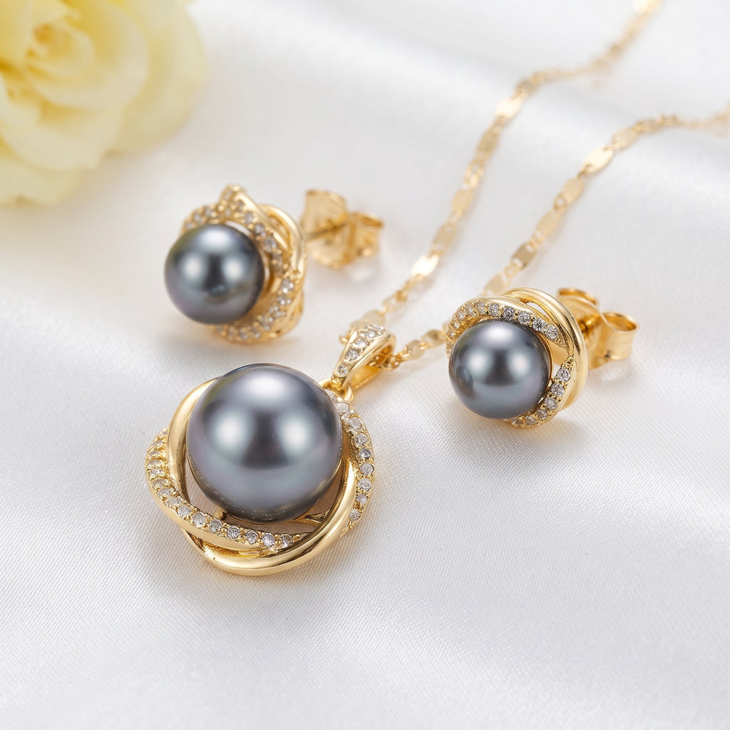 Sophisticated Grey Pearl & Interlocking Zircon Halo Pendant Necklace & Stud Earrings Set
