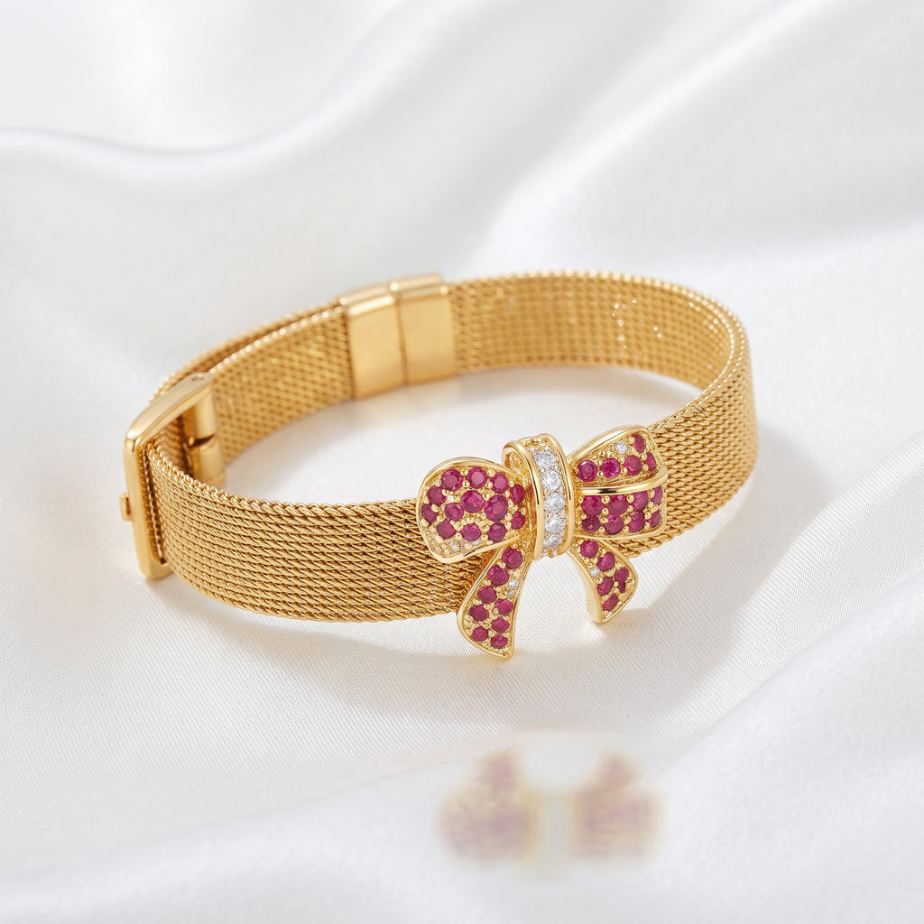 Ruby Zircon Bow Mesh Cuff Bracelet – 18K Gold Plated Statement Wristwear for Women
