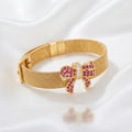 Ruby Zircon Bow Mesh Cuff Bracelet – 18K Gold Plated Statement Wristwear for Women