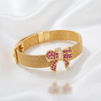 Ruby Zircon Bow Mesh Cuff Bracelet – 18K Gold Plated Statement Wristwear for Women