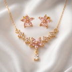 Pink Blossom Zircon Floral Pendant Necklace & Stud Earrings Set