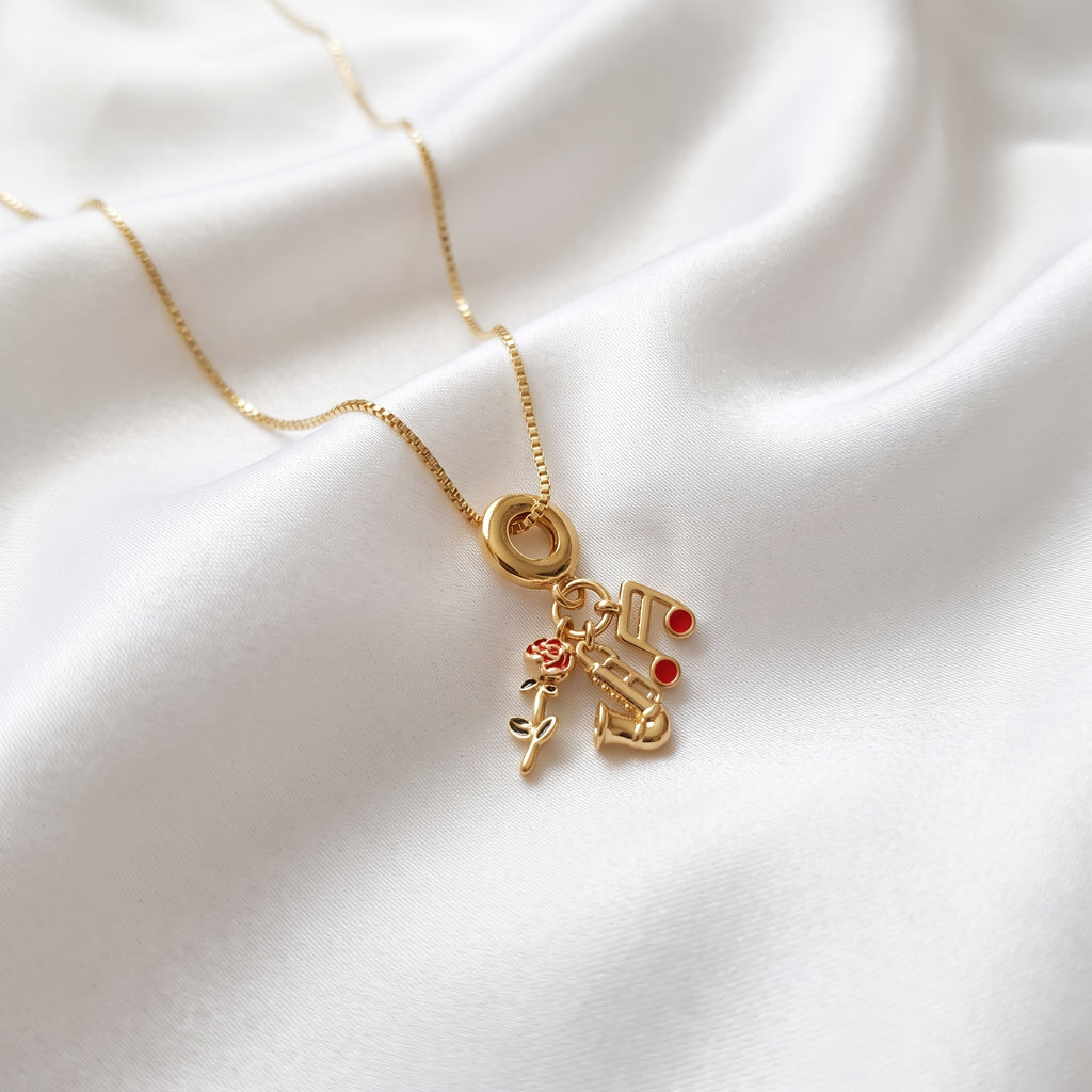 Musical Saxophone & Rose Multi-Charm Pendant Necklace – 18K Gold Plated