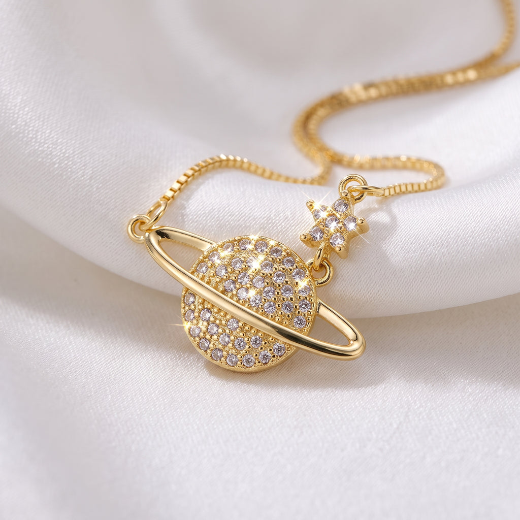 Celestial Saturn Planet & Star Zircon Necklace – 18K Gold Plated