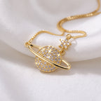 Celestial Saturn Planet & Star Zircon Necklace – 18K Gold Plated