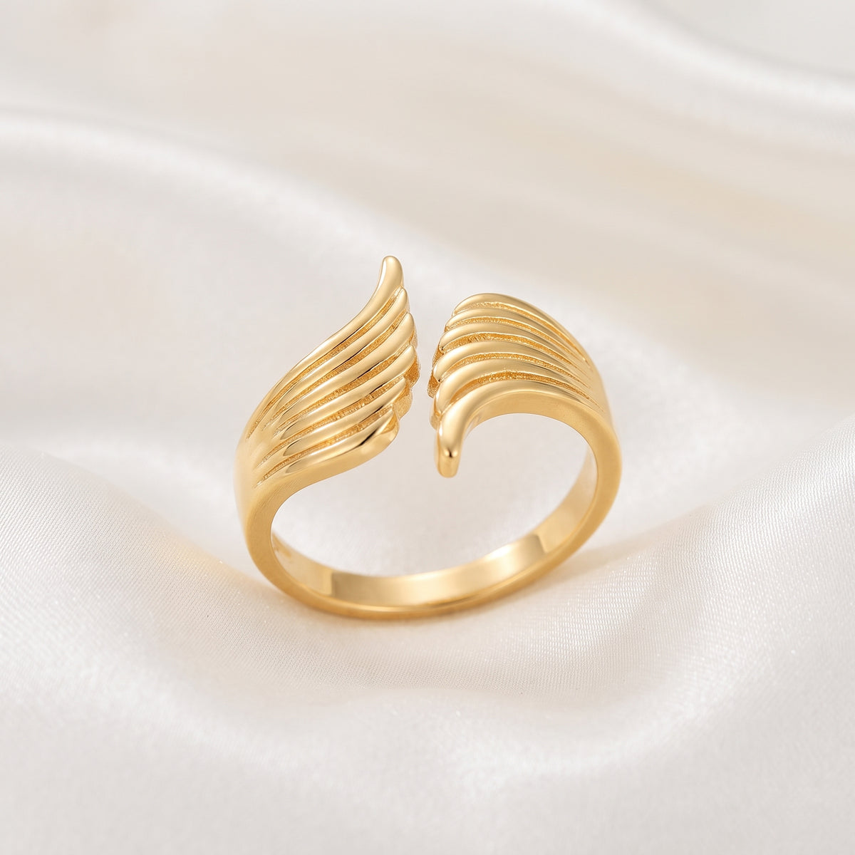 Celestial Angel Wings Open Adjustable Ring – 18K Gold Plated Feather Band