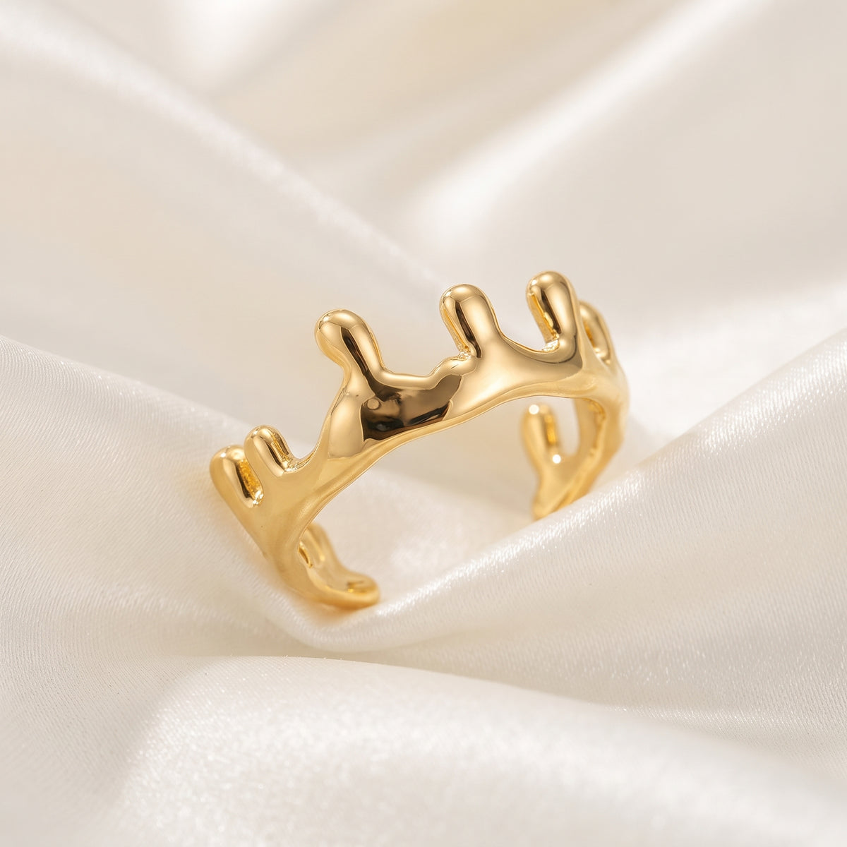 Minimalist Liquid Melted Design Open Ring – 18K Gold Plated Abstract Finger