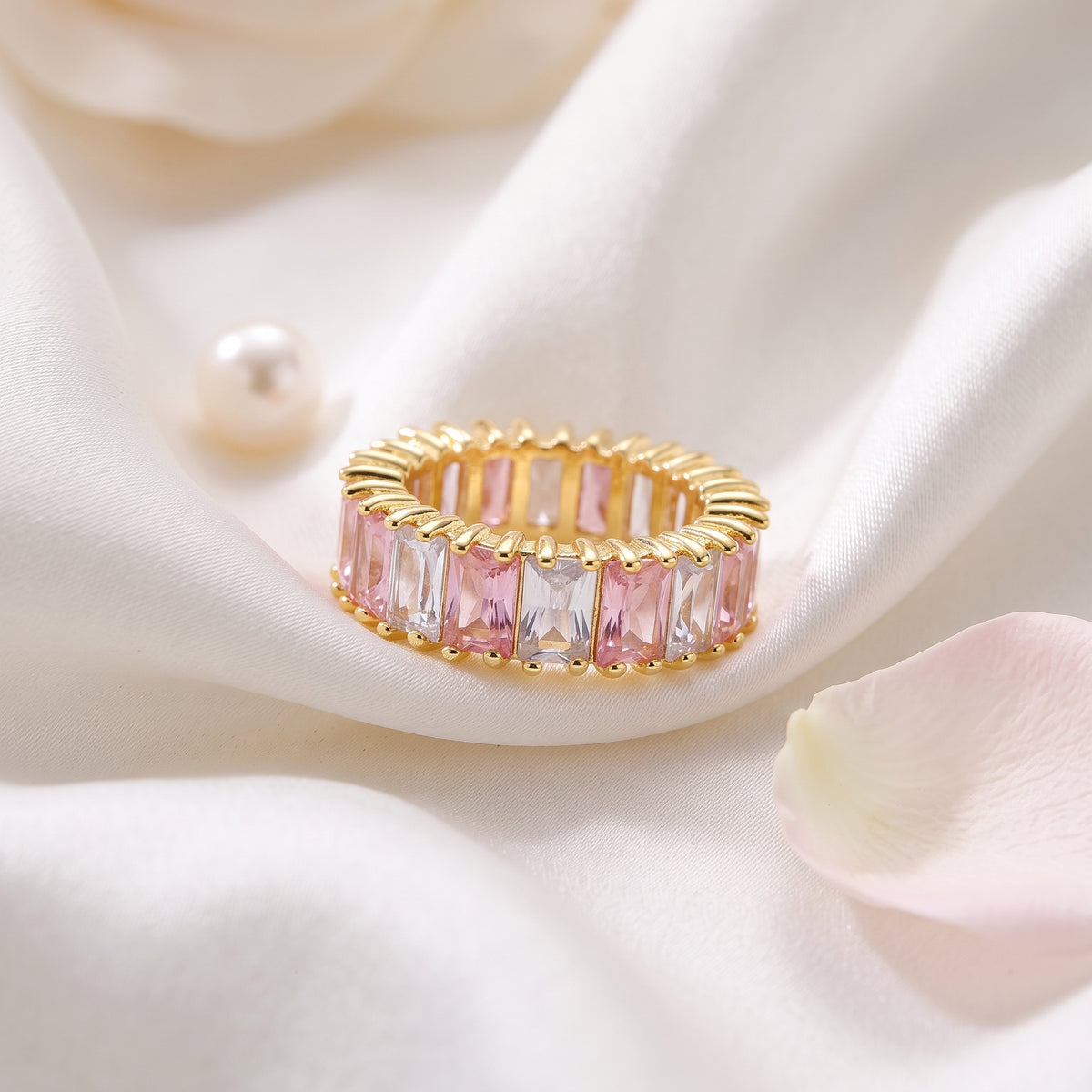 Multi-Color Baguette Crystal Zircon Band Ring – 18K Gold Plated Statement Ring