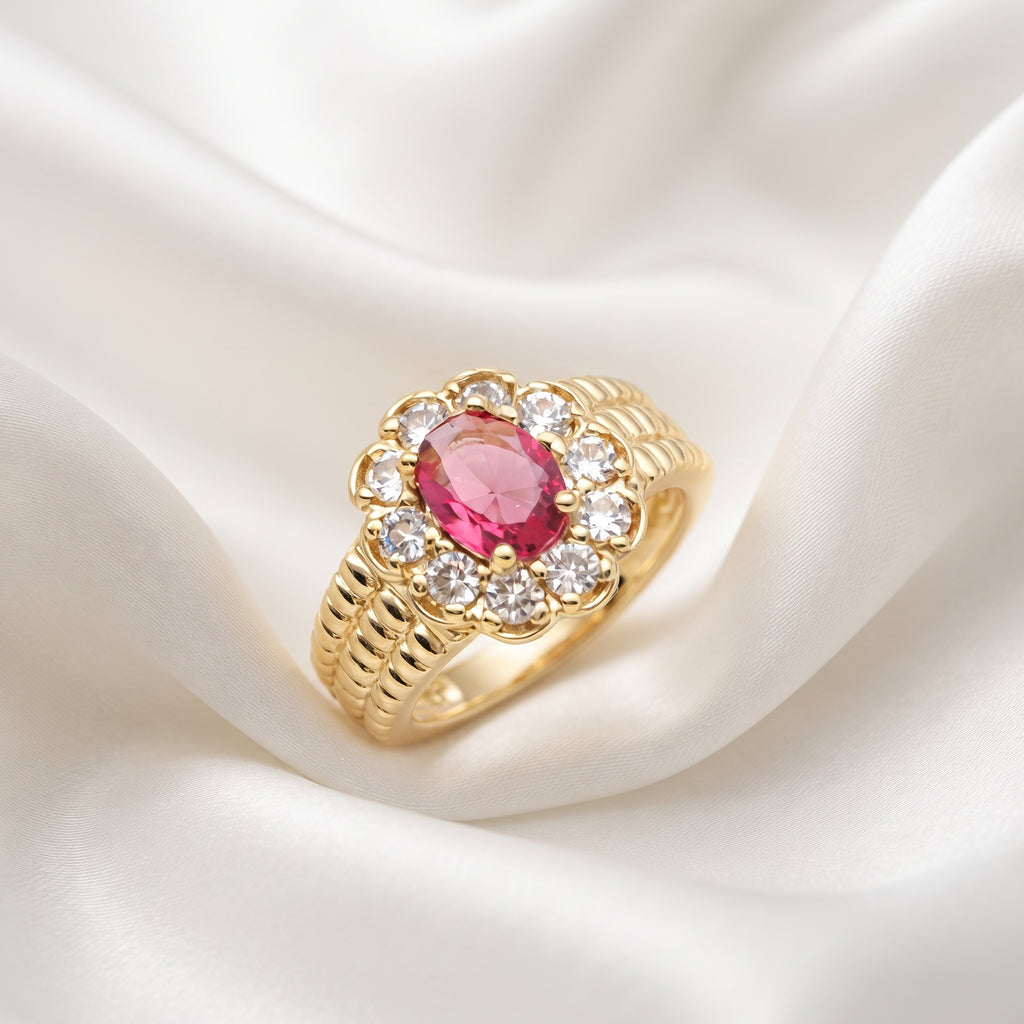 Royal Ruby Red Zircon Cluster Statement Ring – 18K Gold Plated Halo Ring