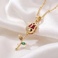 Elegant Red Rose Flower Pendant Necklace – 18K Gold Plated Romantic Stem