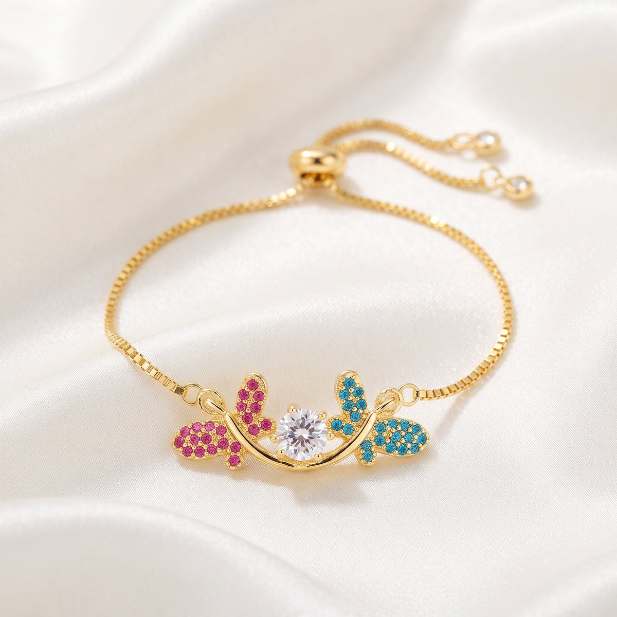 Luxury Multi-Color Butterfly & Solitaire Zircon Adjustable Bracelet – 18K Gold Plated