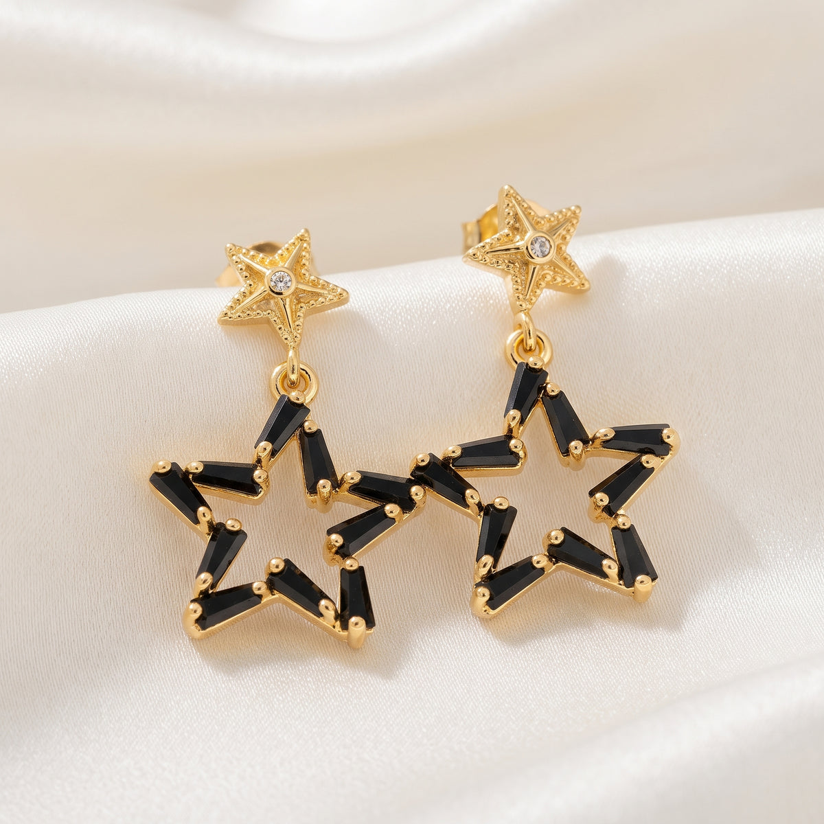 Edgy Black Baguette Zircon Star Drop Earrings