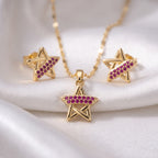 Ruby Pink Zircon Star Pendant Necklace & Stud Earrings Set
