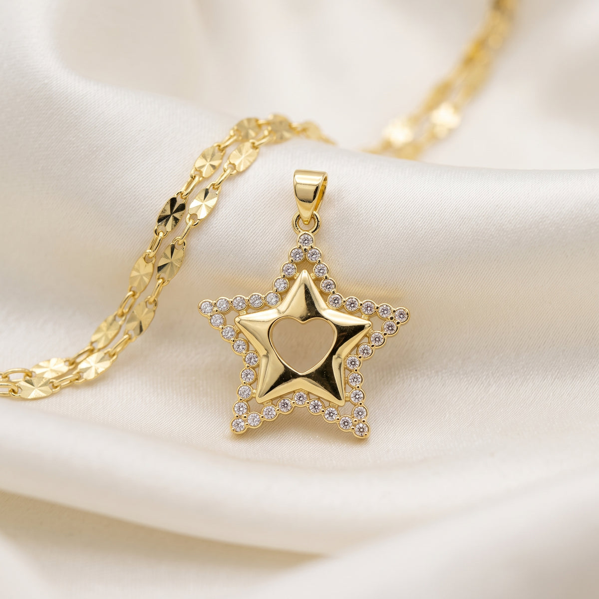Heart-Cutout Star Crystal Pendant Necklace – 18K Gold Plated Celestial