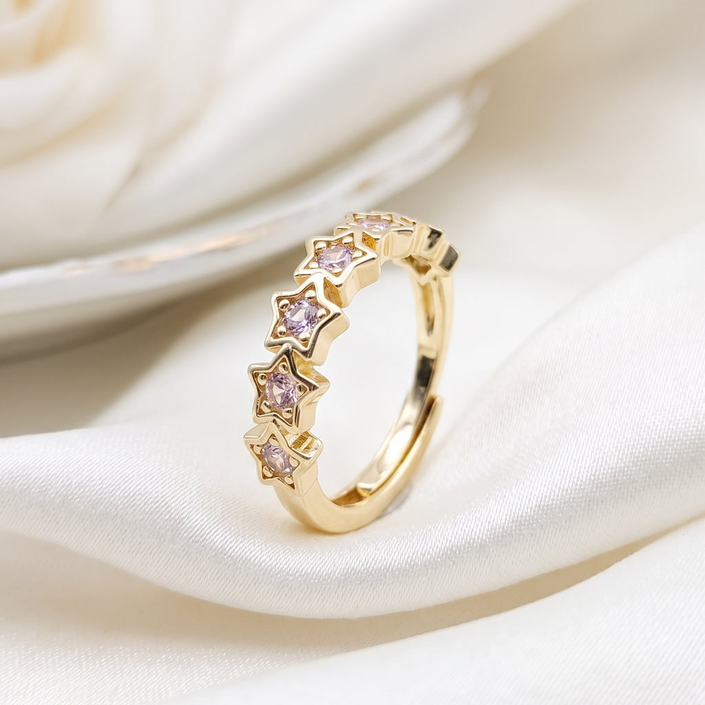 Gold-Plated Pink Star Crystal Eternity Band – Adjustable Celestial Ring
