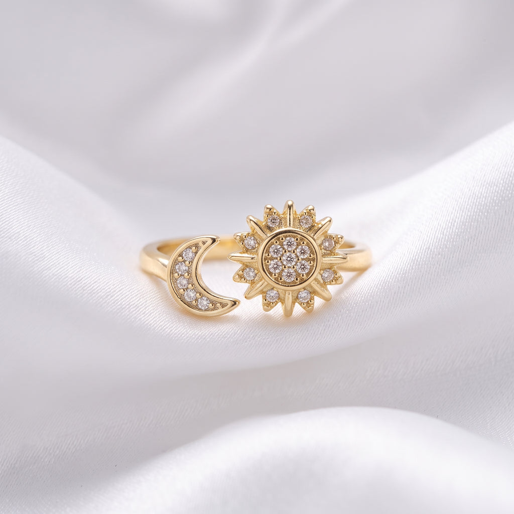 Gold-Plated Celestial Sun and Moon Ring – Adjustable Cosmic Statement Band