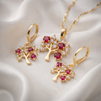 Ruby Red & Clear Zircon Tree of Life Pendant Necklace & Matching Earrings Set