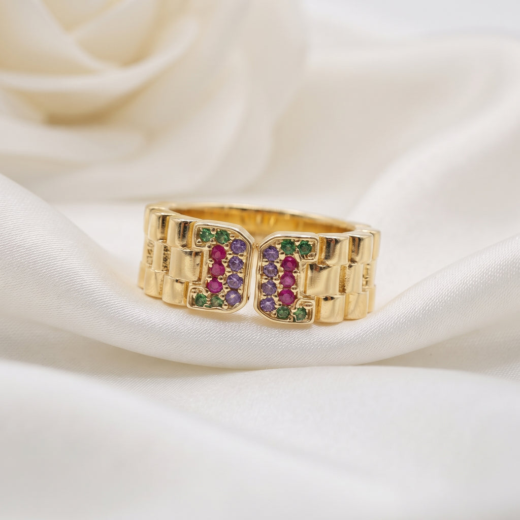 Colorful Zircon Watch Strap Style Open Ring – 18K Gold Plated Trendy Fashion