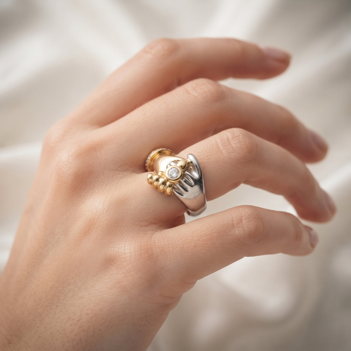 Two-Tone Hugging Hands Crystal Ring – Adjustable Embrace Band