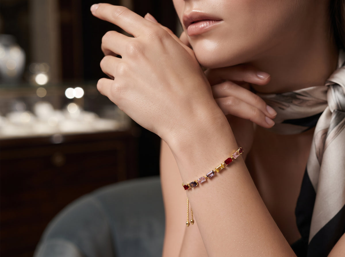 Imported Luxury Multi-Color Baguette Zircon Adjustable Bracelet – 18K Gold Plated
