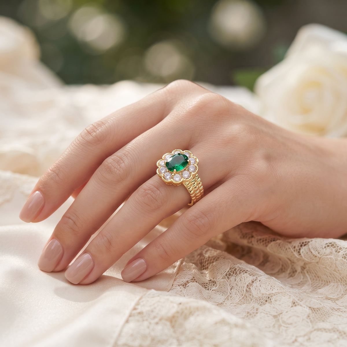 Regal Emerald Green Zircon Cluster Statement Ring – 18K Gold Plated Halo Ring
