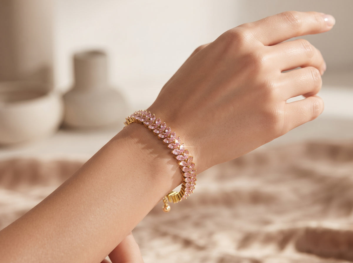 Gold-Plated Pink Zircon Marquise Cut Eternity Bangle Bracelet