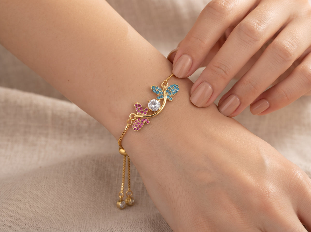 Luxury Multi-Color Butterfly & Solitaire Zircon Adjustable Bracelet – 18K Gold Plated