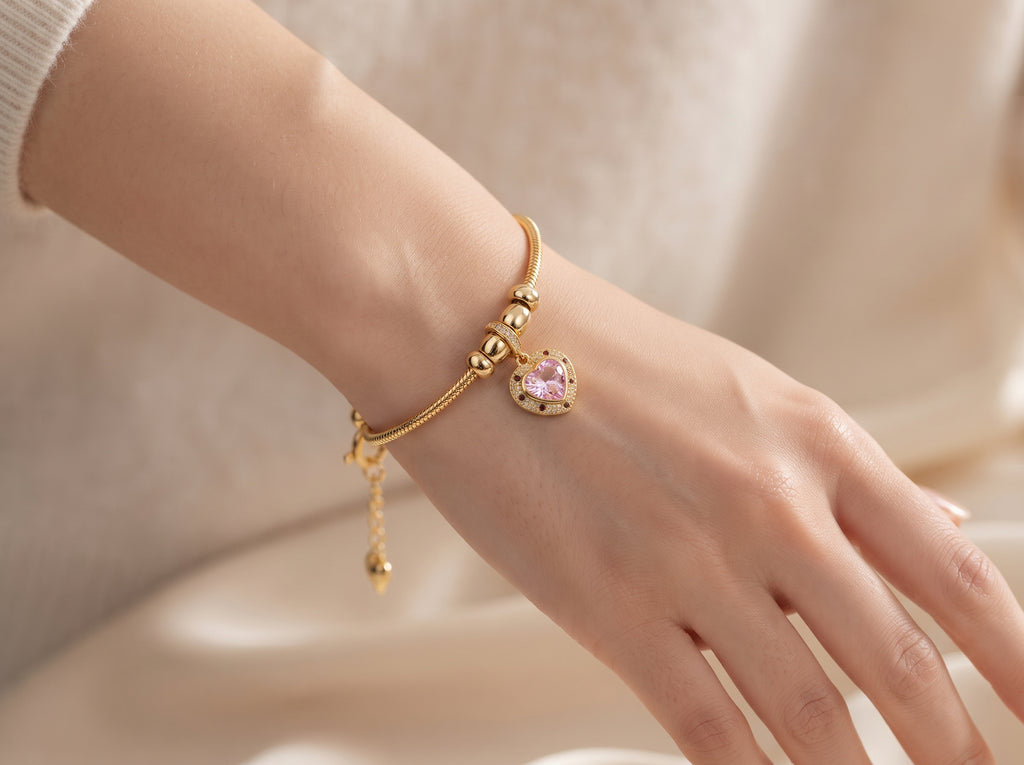 Pink Crystal Heart Charm Snake Chain Bracelet – 18K Gold Plated Romantic Jewellery for Women