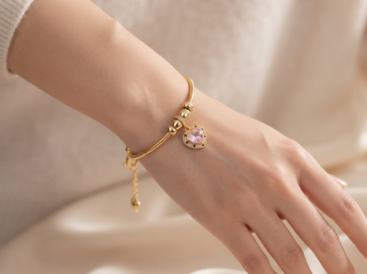Pink Crystal Heart Charm Snake Chain Bracelet – 18K Gold Plated Romantic Jewellery for Women